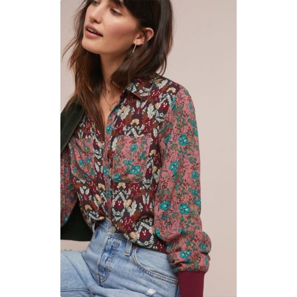 Anthropologie Women's Blouse Top Shirt Tiny Printed XS Olsen Floral Buttondown